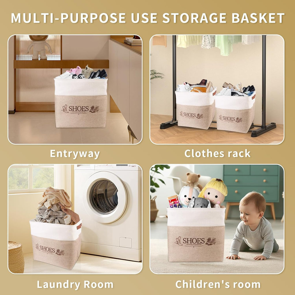 Shoe Basket Organizer, Large Capacity Fabric Entryway Shoe Storage Bin with Handle, Flodable Space-Saving Shoe Basket for Entryway, Hallway, Entryway and Mudroom