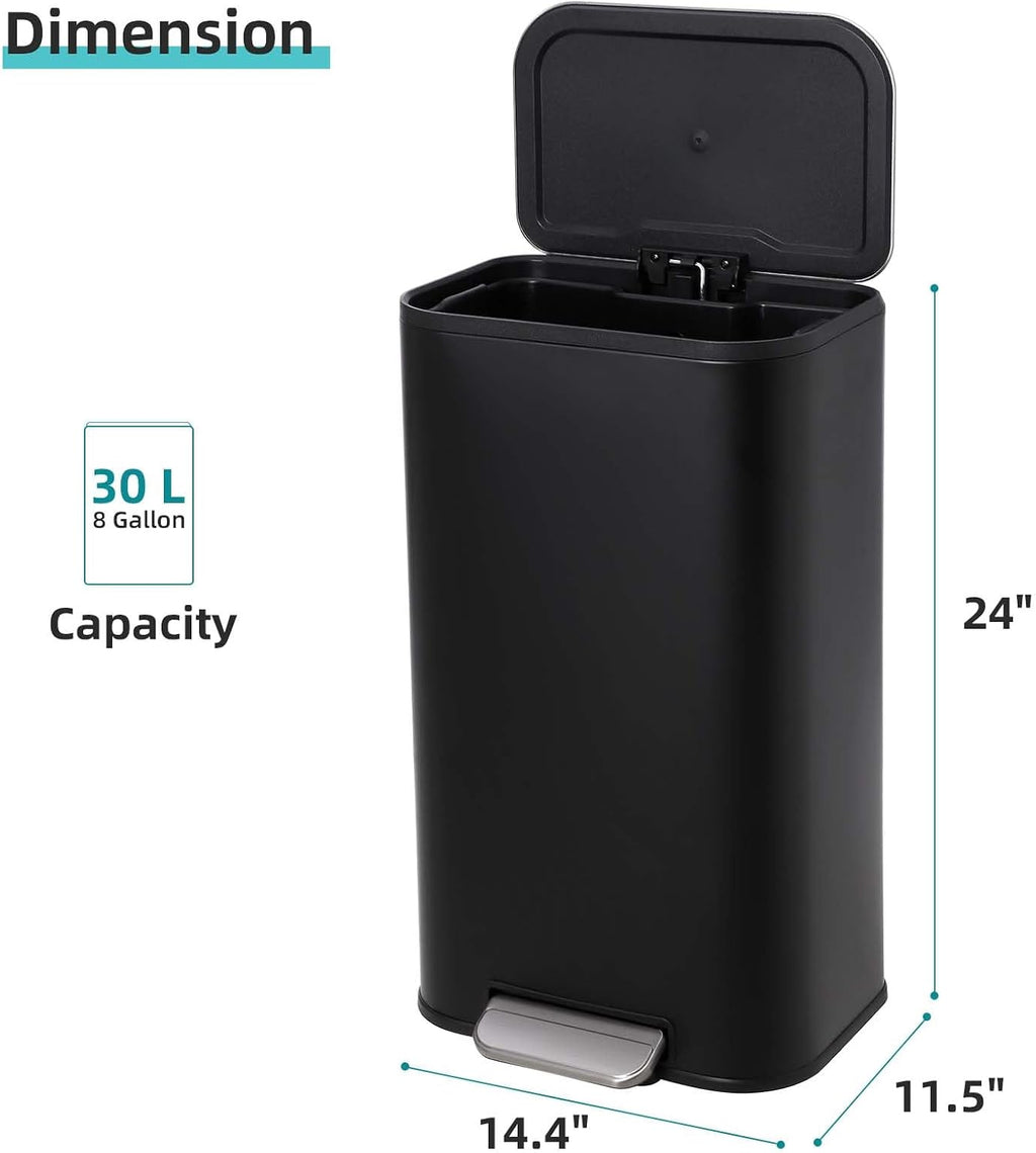 8 Gallon/30 L Kitchen Trash Can, Stainless Steel Garbage Can with Soft-Close Lid, Foot Pedal and Removable Inner Basket, Rectangular Small Step Waste Bin for Office Bedroom Bathroom Living Room