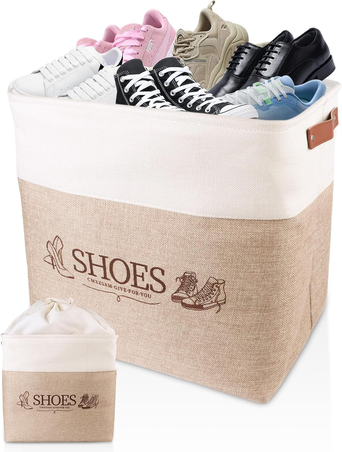Shoe Basket Organizer, Large Capacity Fabric Entryway Shoe Storage Bin with Handle, Flodable Space-Saving Shoe Basket for Entryway, Hallway, Entryway and Mudroom
