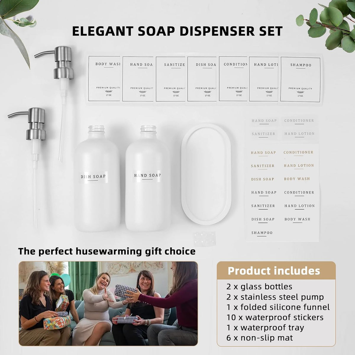 Glass Soap Dispenser - Dish Soap Dispenser for Kitchen and Hand Soap Dispenser Set, Bathroom Soap Dispenser with 304 Rust Proof Pump, Soap Dispenser for Kitchen with Tray, White Bottle/Silver Pump