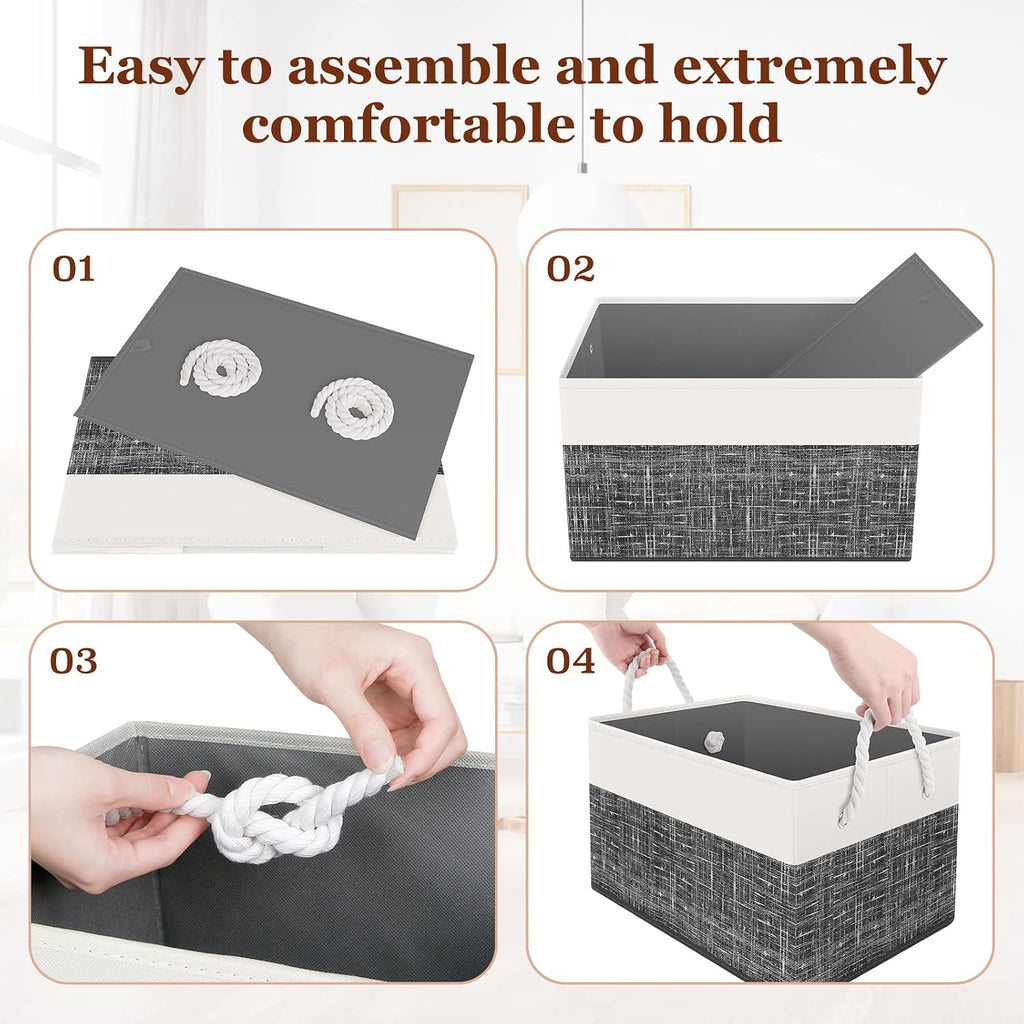 Storage Bin,Collapsible Storage Basket for Organizing,Large Storage Boxes with Rope Handles,Storage Containers,White & Black,6 Pack
