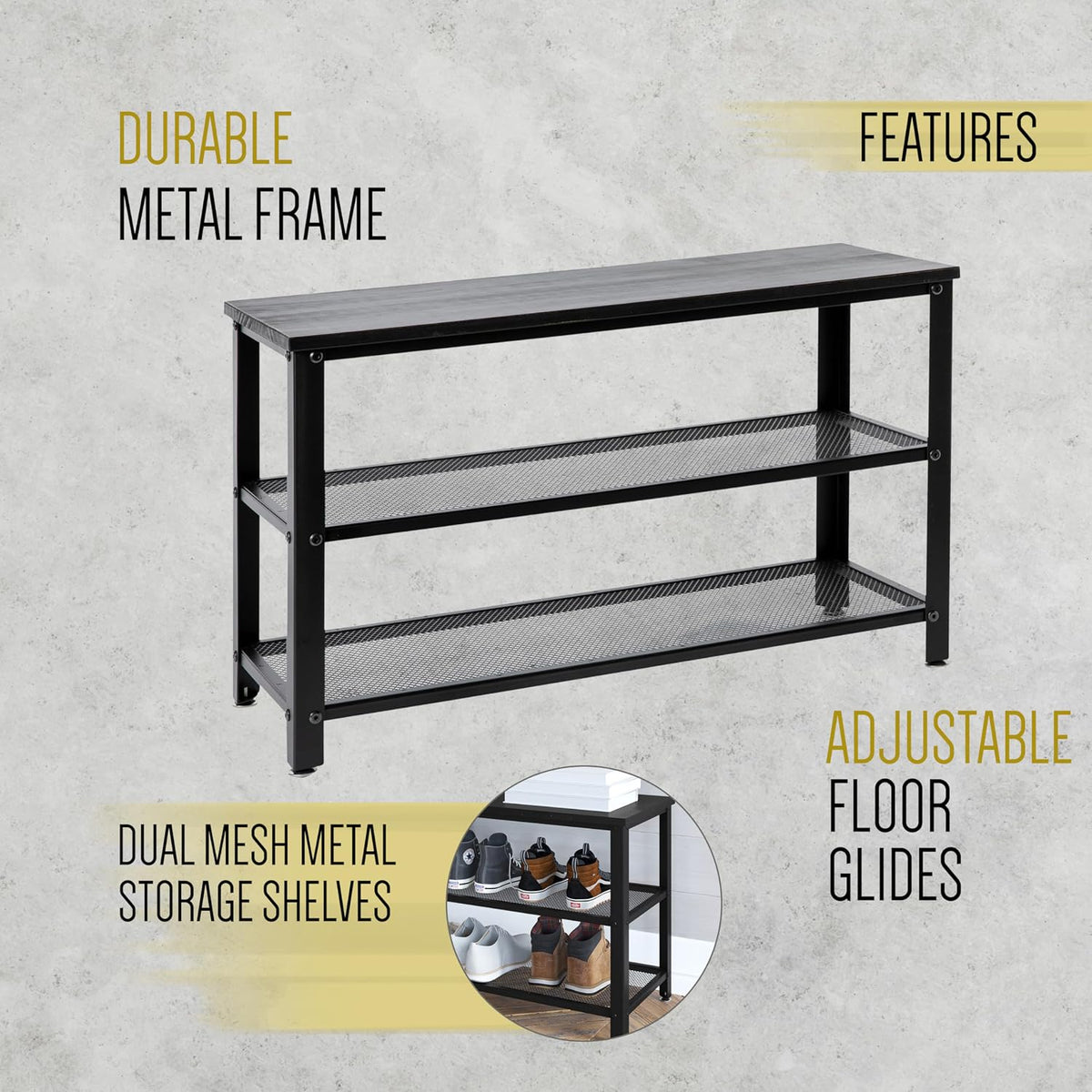 Blackwash Solid Pine Wood 3-Tier Entryway Shoe Rack Bench with Metal Mesh Shelves, for Entryway, Mudroom, or Bedroom, and More!
