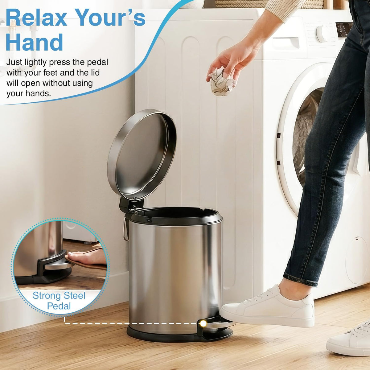 Mini Trash Can 5L Stainless Steel round Cylindrical Soft-Close with Foot Pedal 1.32 Gallon for Bathroom,Office,Kitchen, Resturant, Indoor