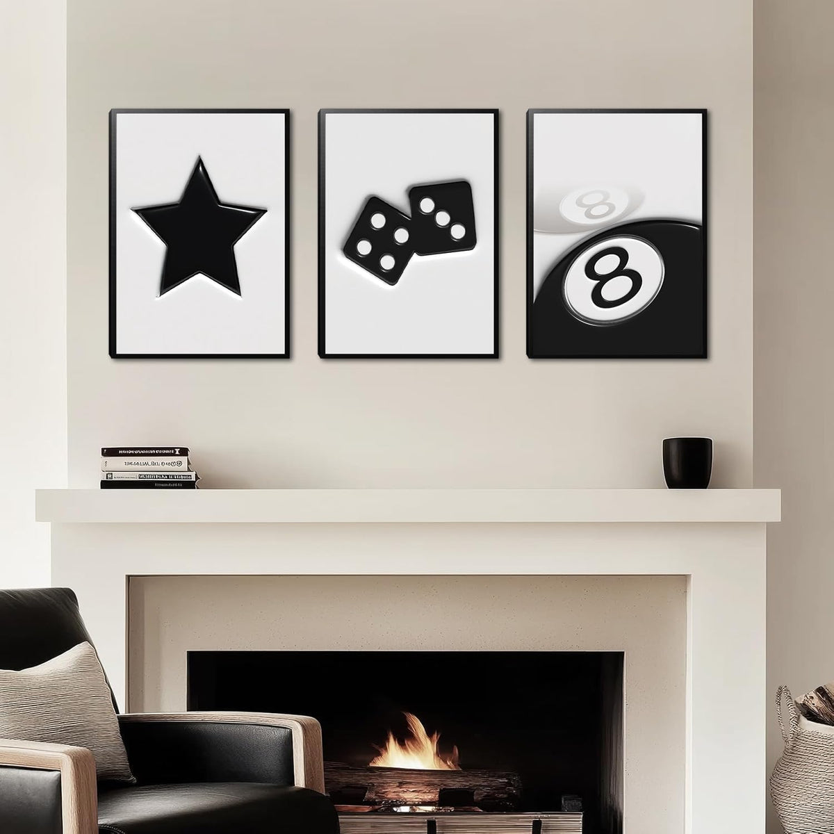 Black and White Dice Canvas Wall Art Set of 3,Funky Retro Y2K 8 Ball Wall Decor Paintings, Funky Lucky Preppy Posters Prints Pictures for Game Room Apartment Dorm Teenager Room 16X24In Framed