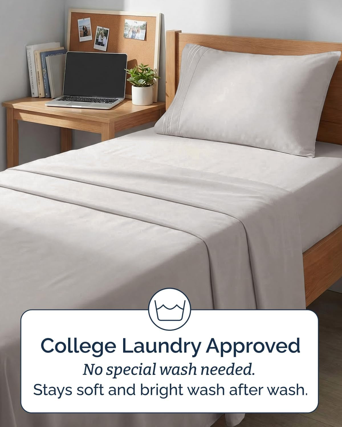 Twin XL 3 Piece Sheet Set - College Dorm Room Essentials - Light Grey