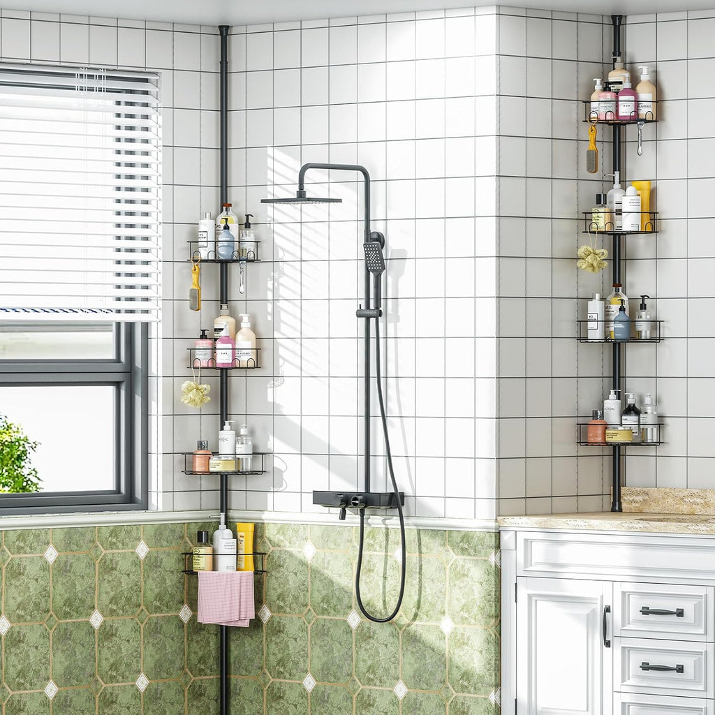 Corner Shower Caddy Tension Pole 4 Tier Shower Organizer, Black