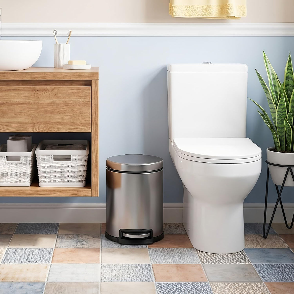 Mini Trash Can 5L Stainless Steel round Cylindrical Soft-Close with Foot Pedal 1.32 Gallon for Bathroom,Office,Kitchen, Resturant, Indoor
