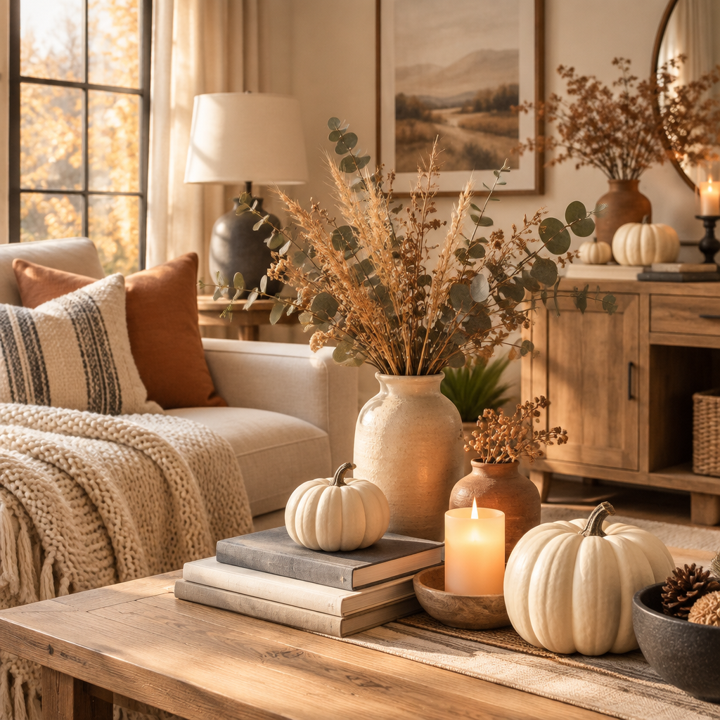 Tasteful seasonal home decor in a warm neutral interior