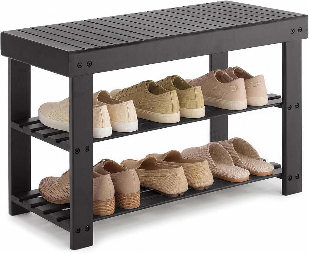 Shoe Rack Bench, 3-Tier Bamboo Shoe Organizer, Wooden Entryway Storage Bench, 286 Lb Load Capacity, 11.2X27.6X17.9 Inches, for Entryway Bathroom Bedroom Balcony, Black