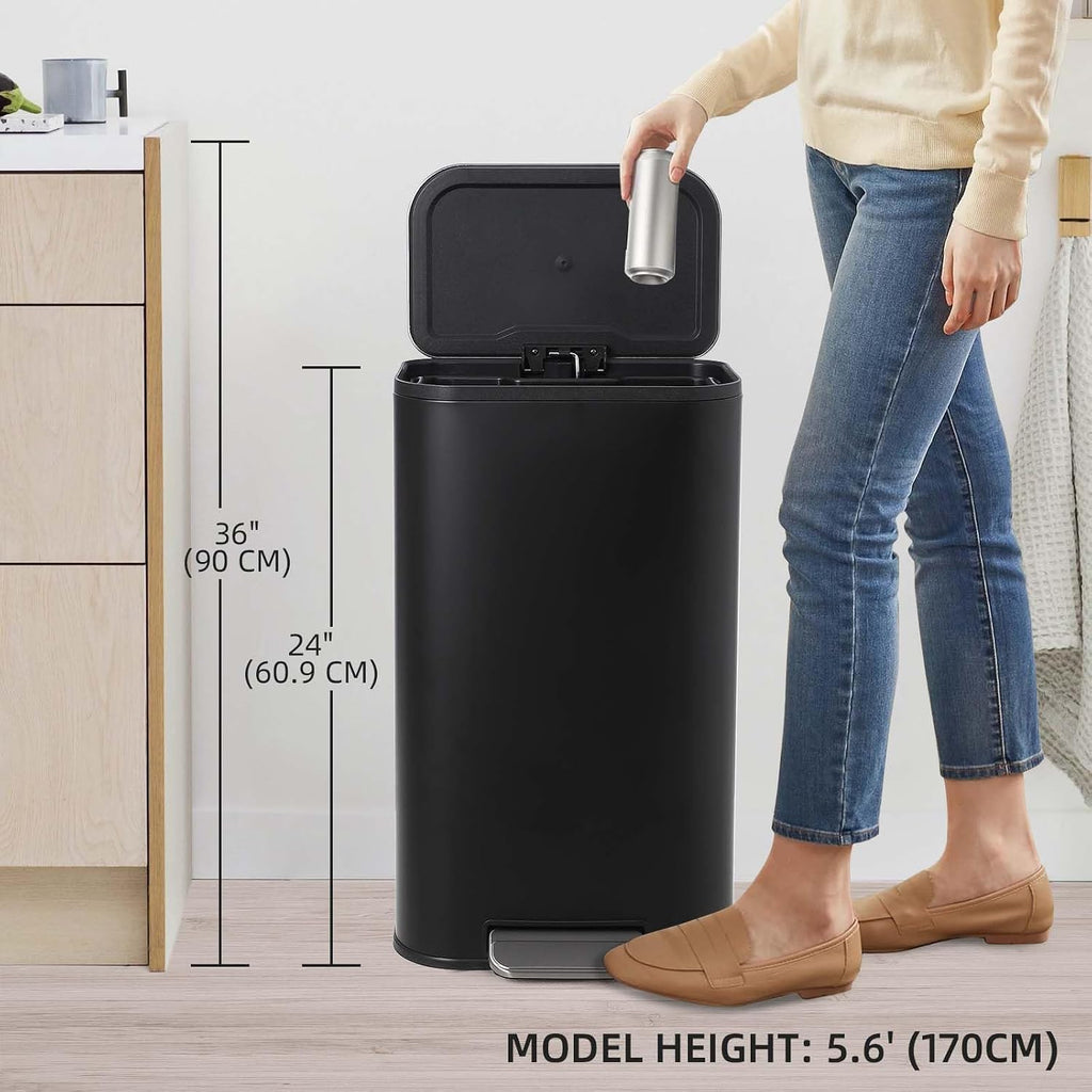 8 Gallon/30 L Kitchen Trash Can, Stainless Steel Garbage Can with Soft-Close Lid, Foot Pedal and Removable Inner Basket, Rectangular Small Step Waste Bin for Office Bedroom Bathroom Living Room