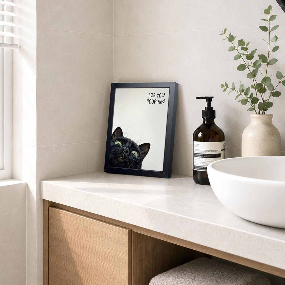 Funny Black Cat Bathroom Wall Art, Rustic Farmhouse Wall Decor Painting, Humorous Are You Pooping Canvas Print, Cute Animal Canvas Art, Black Framed Cat Pictures for Restroom Wall Decor 8X10 Inch