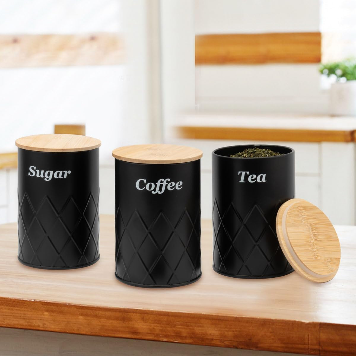 Black Metal Bread Box with Cutting Board,3 Canisters for Kitchen