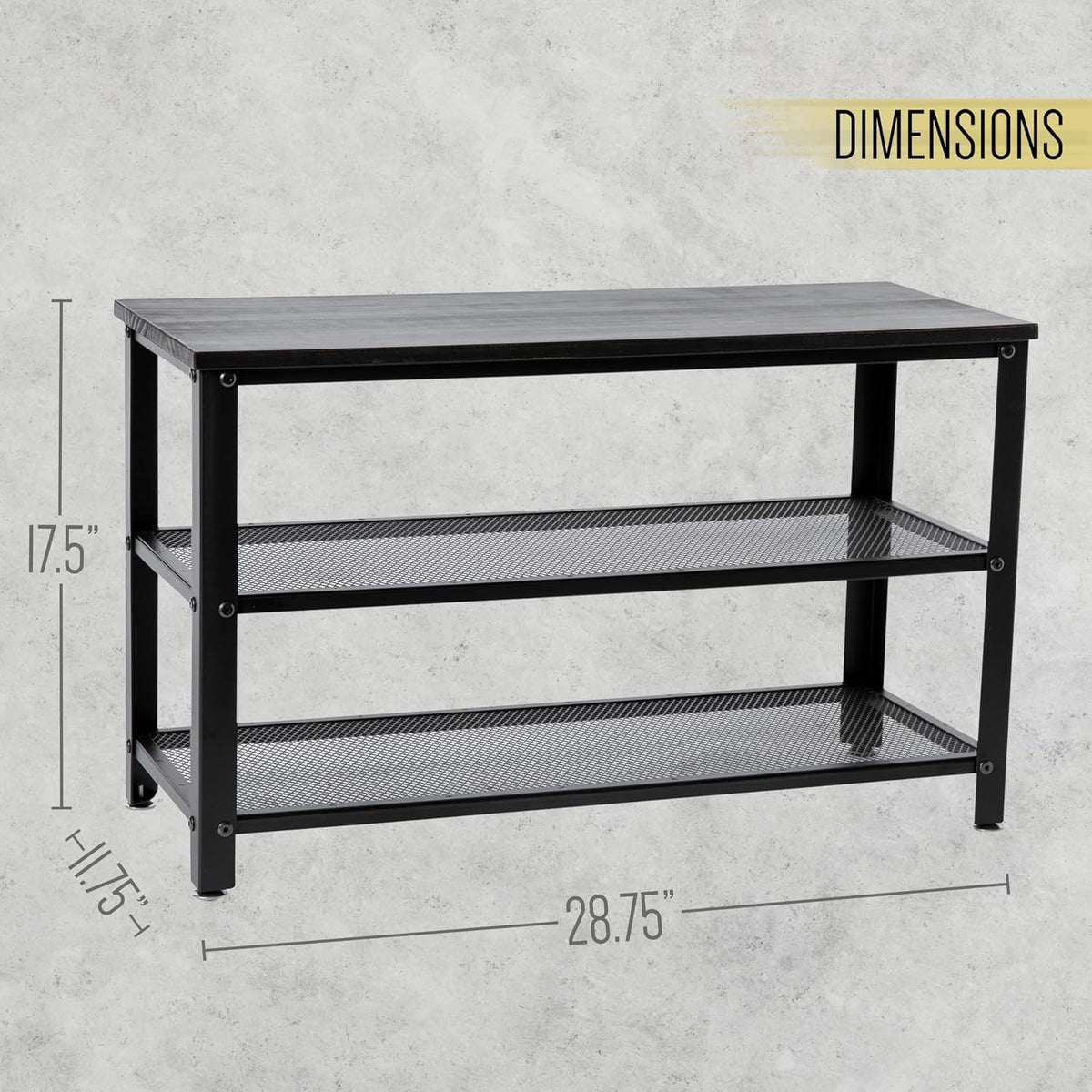 Blackwash Solid Pine Wood 3-Tier Entryway Shoe Rack Bench with Metal Mesh Shelves, for Entryway, Mudroom, or Bedroom, and More!