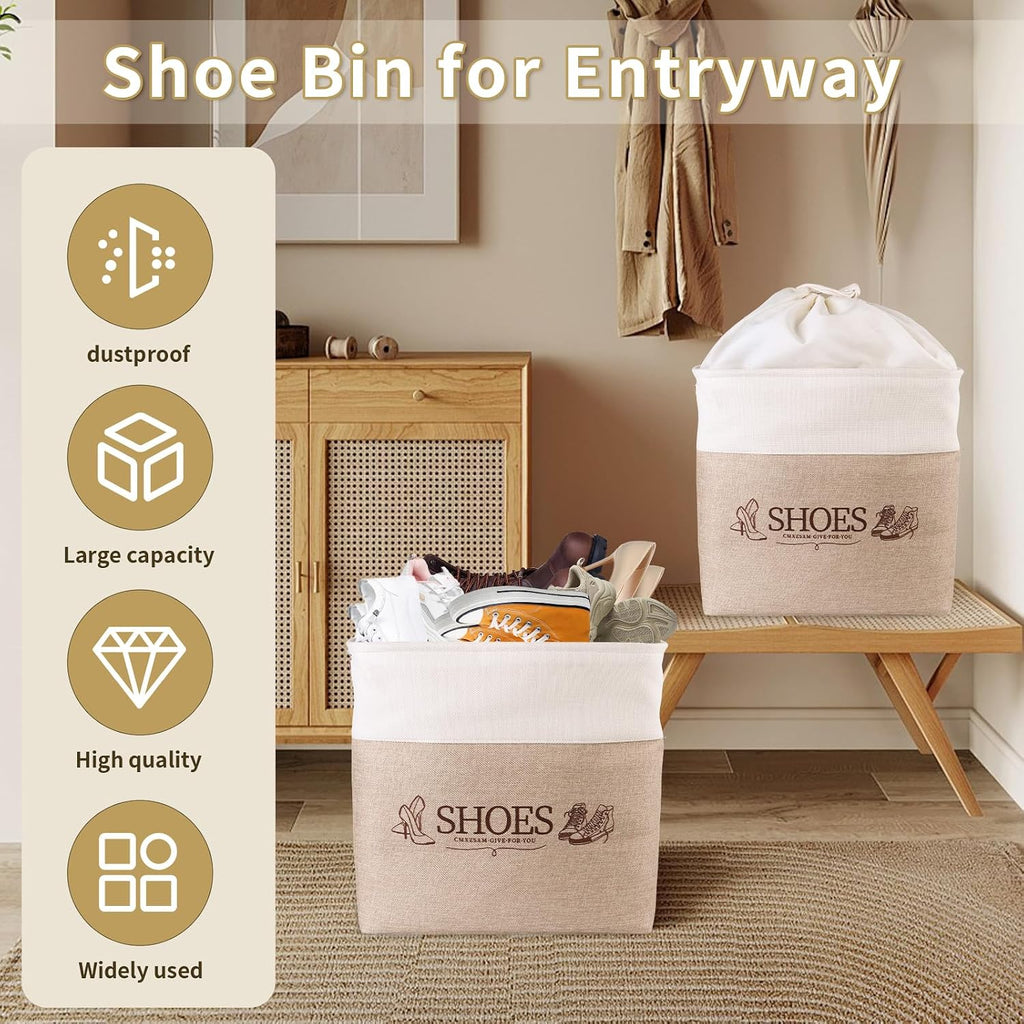 Shoe Basket Organizer, Large Capacity Fabric Entryway Shoe Storage Bin with Handle, Flodable Space-Saving Shoe Basket for Entryway, Hallway, Entryway and Mudroom
