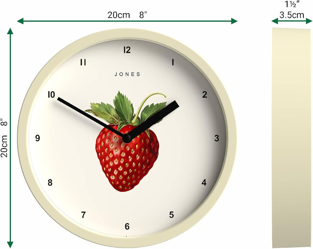 ® Fruit Wall Clock | Small round Clock | 8" | Cream | Botanical Illustrated Strawberry Artwork | Ideal for Kitchen and Dining Rooms.