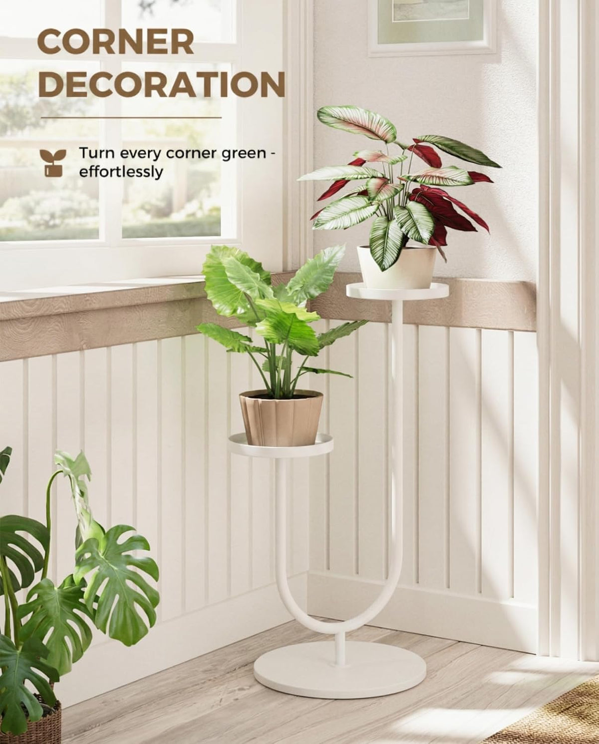 Metal Plant Stand Indoor Corner Plant Stands 2 Tier Plant Shelf for Tall Plant Holder Black Plant Shelves for Living Room Bedroom Midcentury Modern Home Decor(White)