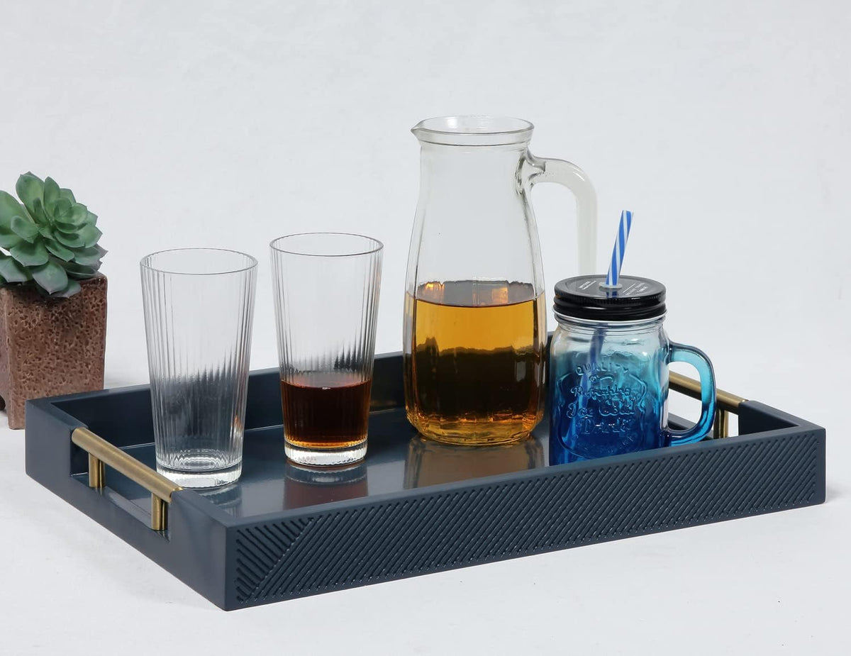 Serving Tray with Polished Metal Handles, 16.5''X12'' Rectangle Coffee Table Tray, Modern Decorative Tray, Large Ottoman Tray, Perfect for Storage and Display (Blue)