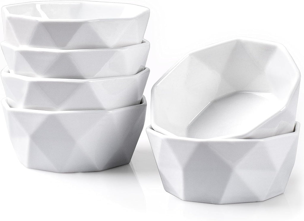 6 Oz Porcelain Ramekins Set of 6, Geometric Creme Brulee Ramekins Oven Safe, Souffle Dishes for Baking Dessert Ice Cream Snack, Small Ceramic Bowls Dishwasher Microwave Freezer Safe, White