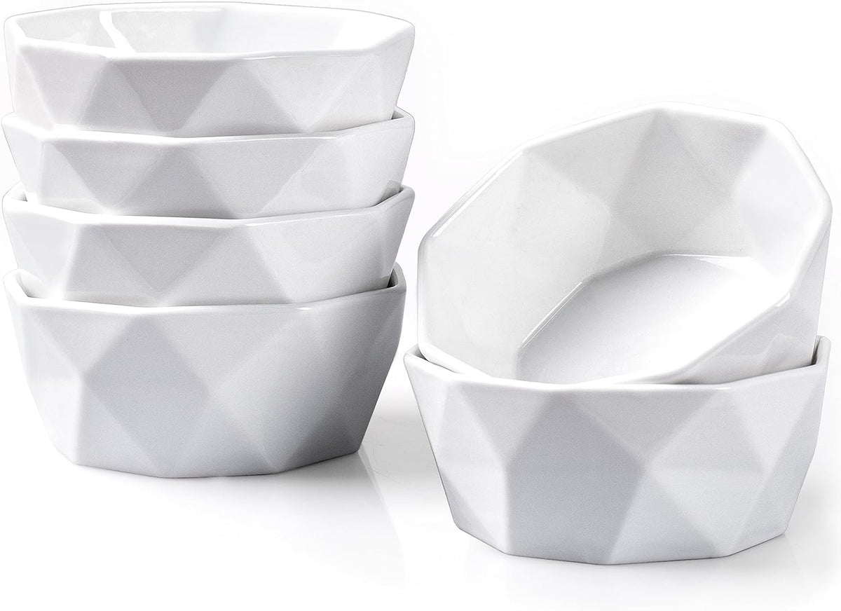 6 Oz Porcelain Ramekins Set of 6, Geometric Creme Brulee Ramekins Oven Safe, Souffle Dishes for Baking Dessert Ice Cream Snack, Small Ceramic Bowls Dishwasher Microwave Freezer Safe, White
