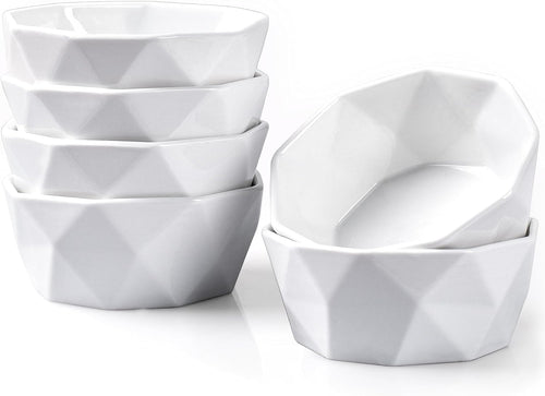 6 Oz Porcelain Ramekins Set of 6, Geometric Creme Brulee Ramekins Oven Safe, Souffle Dishes for Baking Dessert Ice Cream Snack, Small Ceramic Bowls Dishwasher Microwave Freezer Safe, White