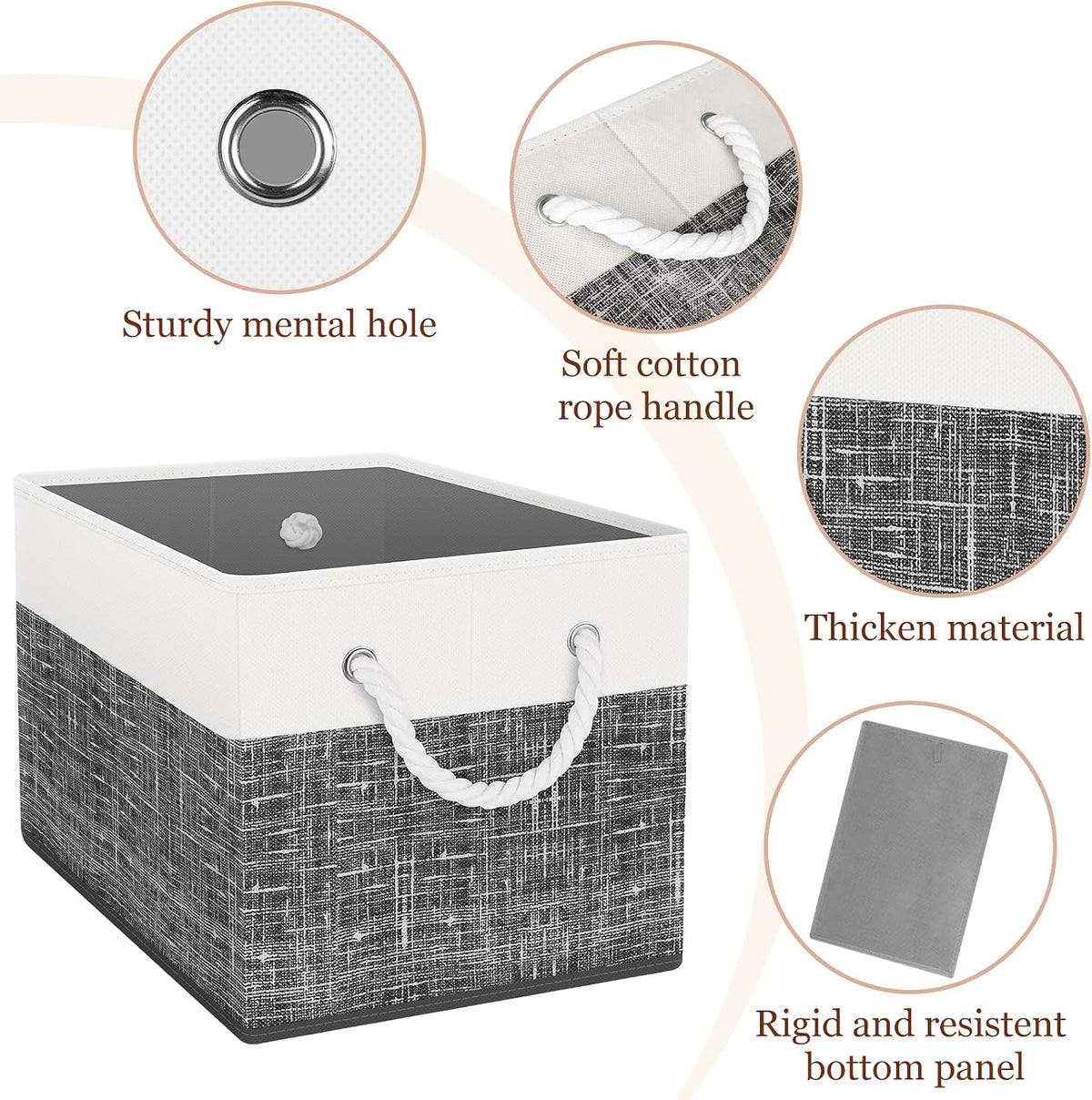 Storage Bin,Collapsible Storage Basket for Organizing,Large Storage Boxes with Rope Handles,Storage Containers,White & Black,6 Pack
