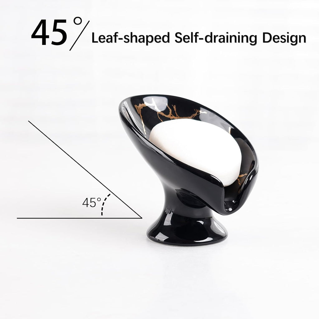 Soap Dish, Ceramic Soap Holder Self Draining Leaf Shape Bar Soap Holder, Marble Look Black Drain Soap Dish Holder for Bathroom, Easy to Clean Keeps Soap Dry,