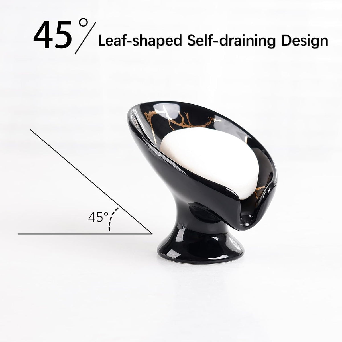 Soap Dish, Ceramic Soap Holder Self Draining Leaf Shape Bar Soap Holder, Marble Look Black Drain Soap Dish Holder for Bathroom, Easy to Clean Keeps Soap Dry,