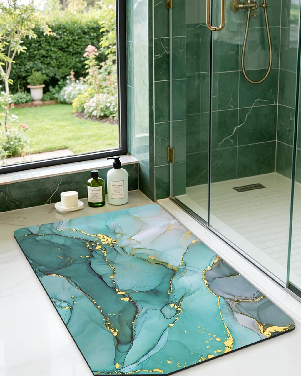 Marble Bathroom Mat Ultra Thin, 43X24 Non Slip Bath Rug, Turquoise