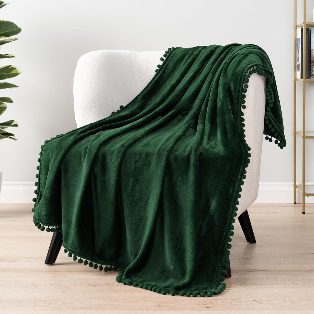 Fleece Throw Blanket for Couch with Pom Pom Fringe, Emerald Green, Soft Cozy Fuzzy Flannel Blanket for Sofa Bed, Lightweight Plush All Season Throw, 50X60 Inches