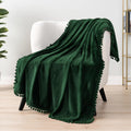 Fleece Throw Blanket for Couch with Pom Pom Fringe, Emerald Green, Soft Cozy Fuzzy Flannel Blanket for Sofa Bed, Lightweight Plush All Season Throw, 50X60 Inches