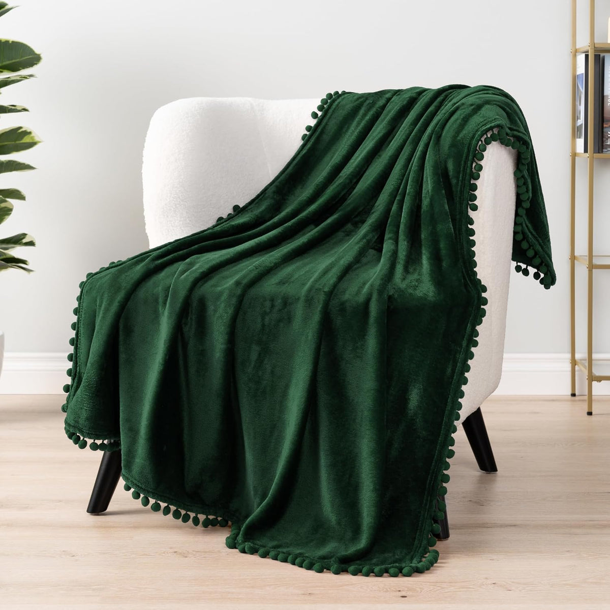 Fleece Throw Blanket for Couch with Pom Pom Fringe, Emerald Green, Soft Cozy Fuzzy Flannel Blanket for Sofa Bed, Lightweight Plush All Season Throw, 50X60 Inches