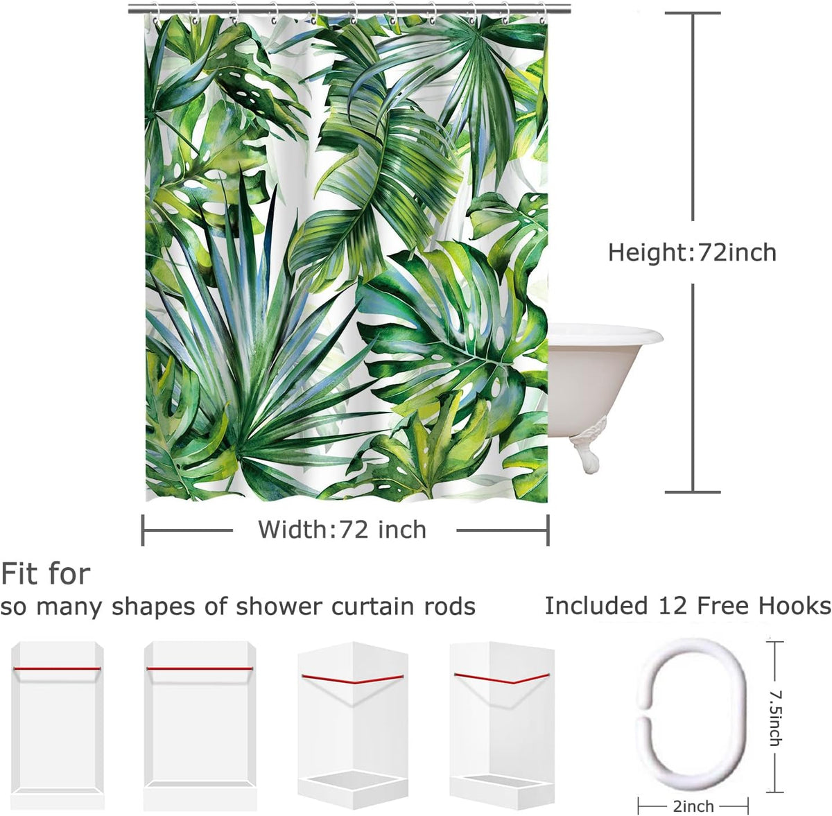 Tropical Green Plant Leaf Shower Curtain Set, Botanical Jungle Design with 12 Hooks for Bathroom Decor, 72"X72"
