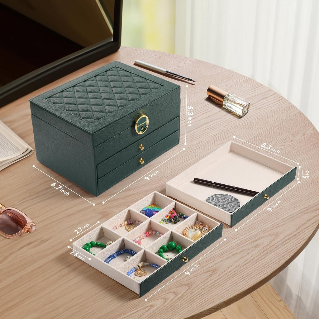 3 Layer Jewelry Box, Jewelry Holder Organizer with 2 Drawer Tray, Large Boxes for Women Velvet Earring Organizer, Lockable & Organizers, Birthday Gifts for Women Mom, Green