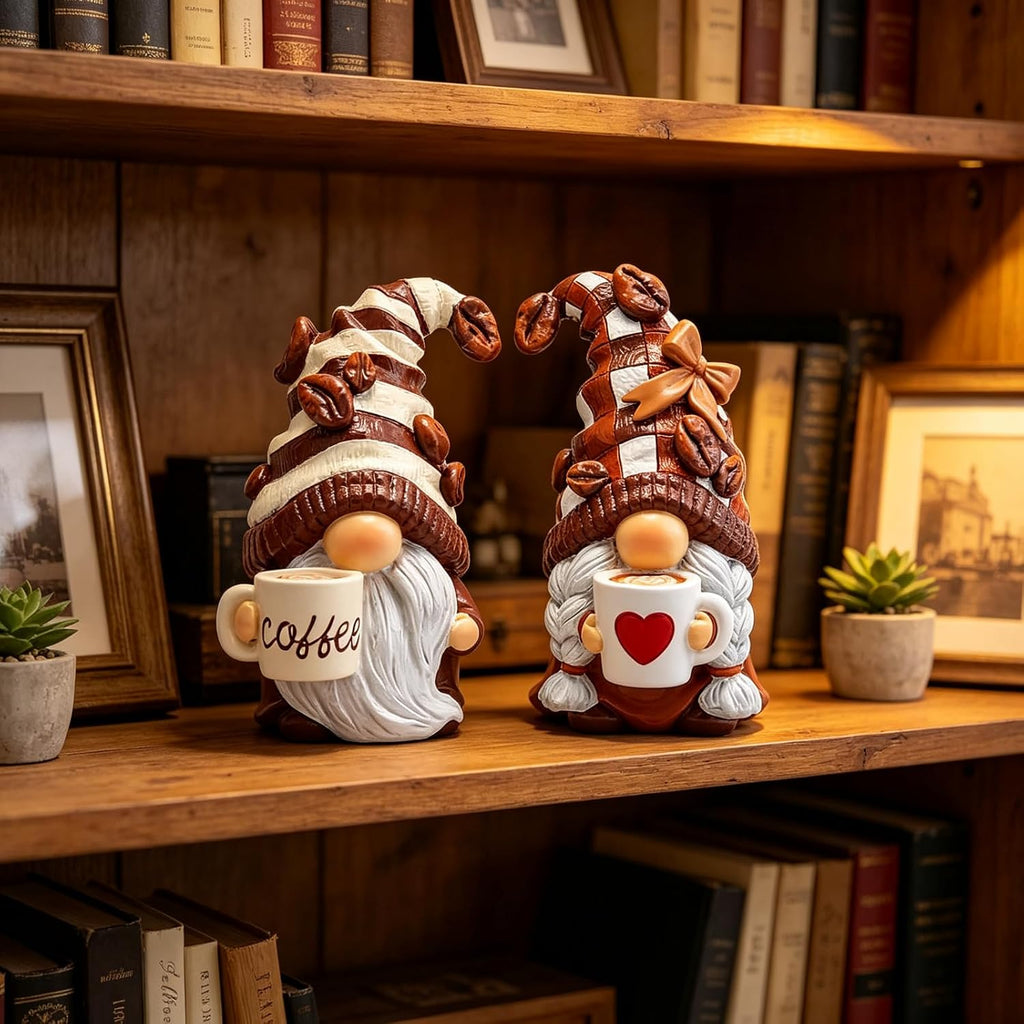 2PCS Coffee Gnome Figurines, Resin Statues for Home Office Kitchen Tiered Tray & Farmhouse Shelf, Indoor Outdoor Dwarf Decor, Adorable Gift for Women