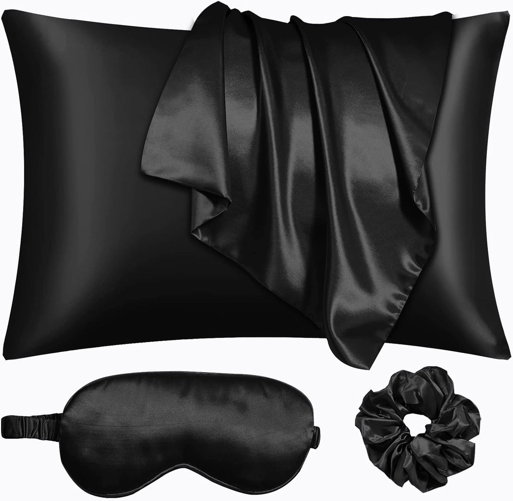 Black Satin Pillowcase Standard Size 2 Pack with 1 Eye Mask and 1 Scrunchie