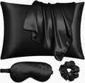 Black Satin Pillowcase Standard Size 2 Pack with 1 Eye Mask and 1 Scrunchie