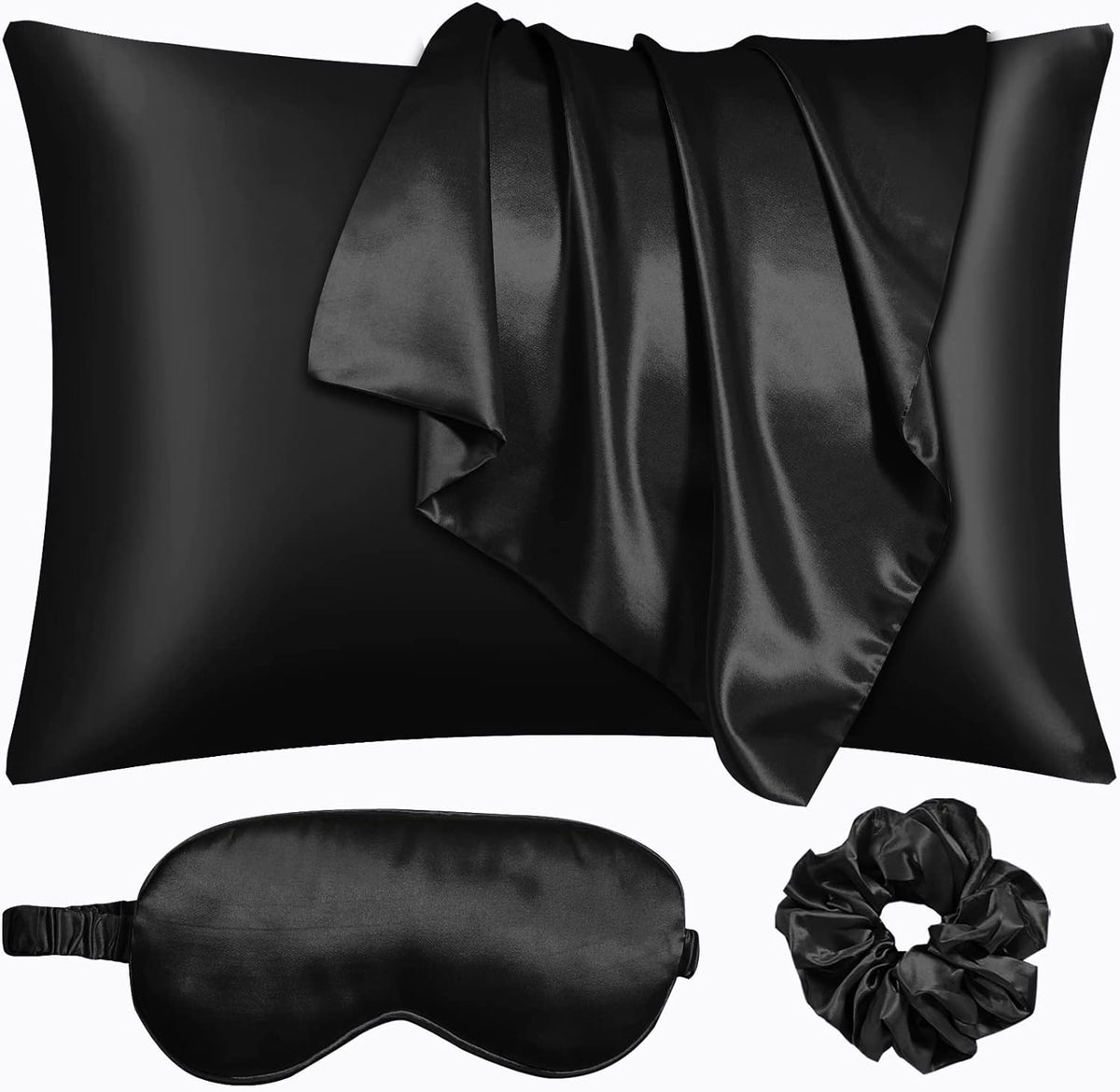 Black Satin Pillowcase Standard Size 2 Pack with 1 Eye Mask and 1 Scrunchie
