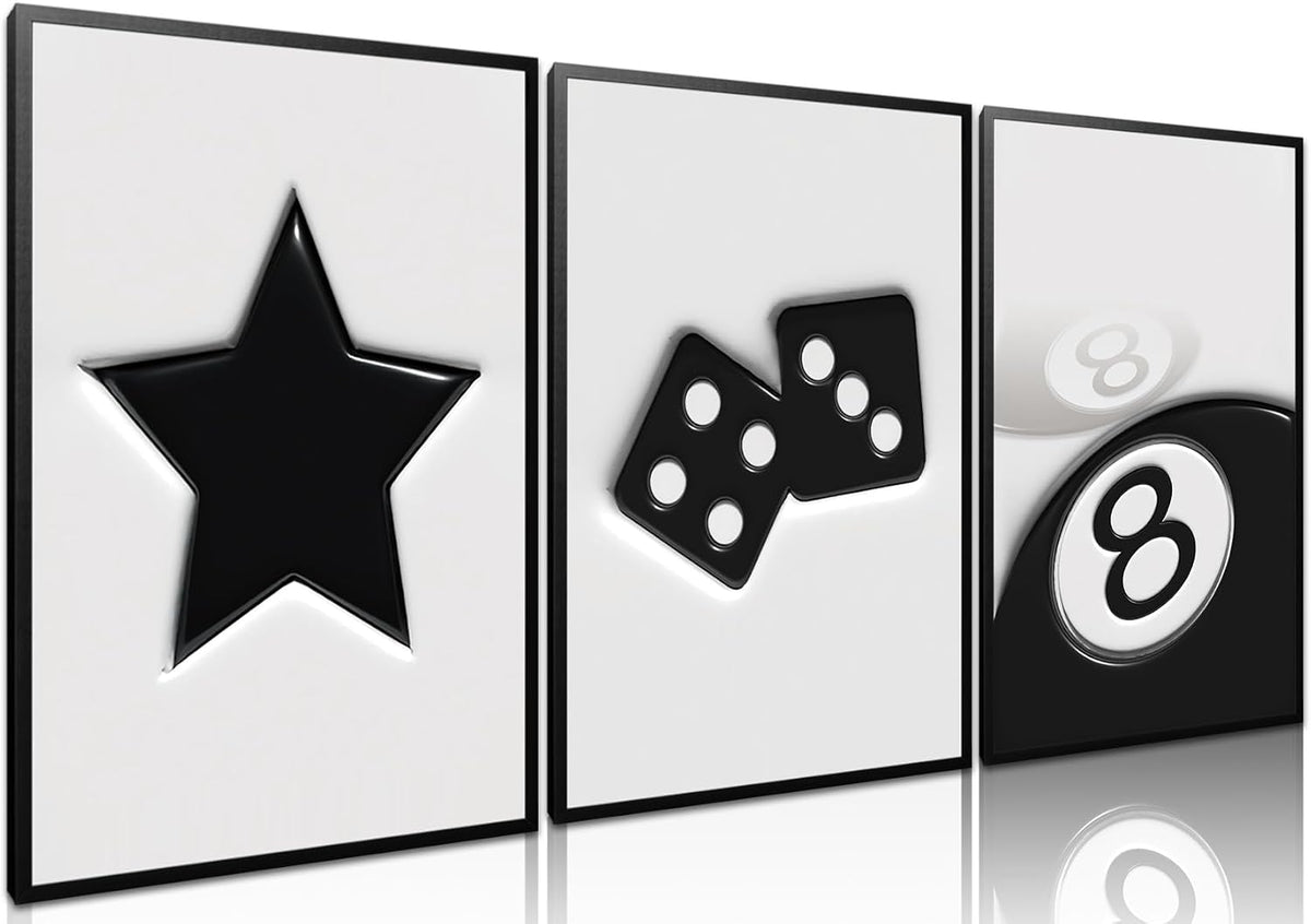 Black and White Dice Canvas Wall Art Set of 3,Funky Retro Y2K 8 Ball Wall Decor Paintings, Funky Lucky Preppy Posters Prints Pictures for Game Room Apartment Dorm Teenager Room 16X24In Framed