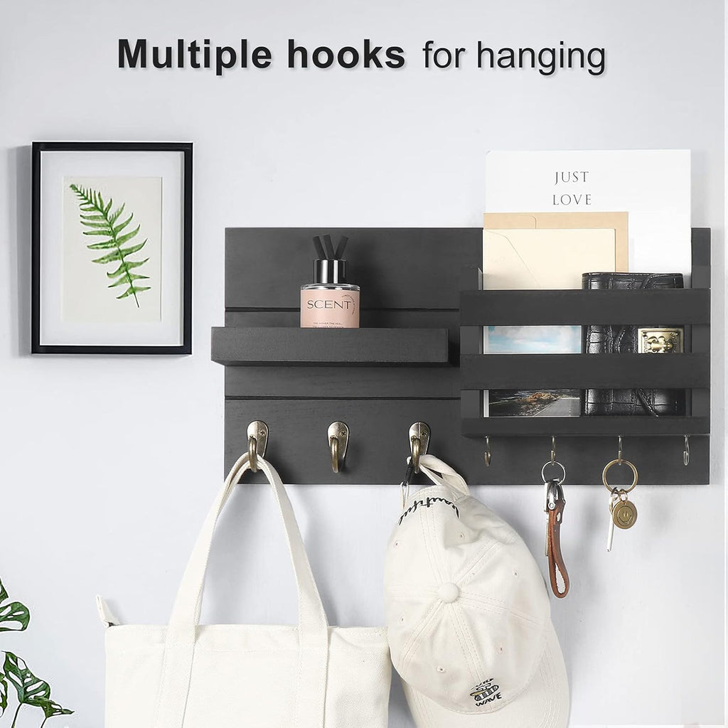 Mail Organizer for Wall Mount – Key Holder with Shelf Includes Letter Holder and Hooks for Coats, Dog Leashes – Rustic Wood with Flush Mounting Hardware (16.5” X 8.7” X 3.5”)