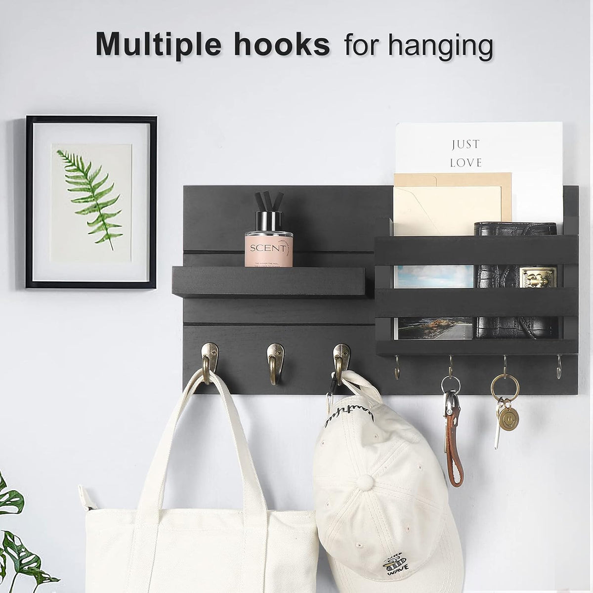 Mail Organizer for Wall Mount – Key Holder with Shelf Includes Letter Holder and Hooks for Coats, Dog Leashes – Rustic Wood with Flush Mounting Hardware (16.5” X 8.7” X 3.5”)