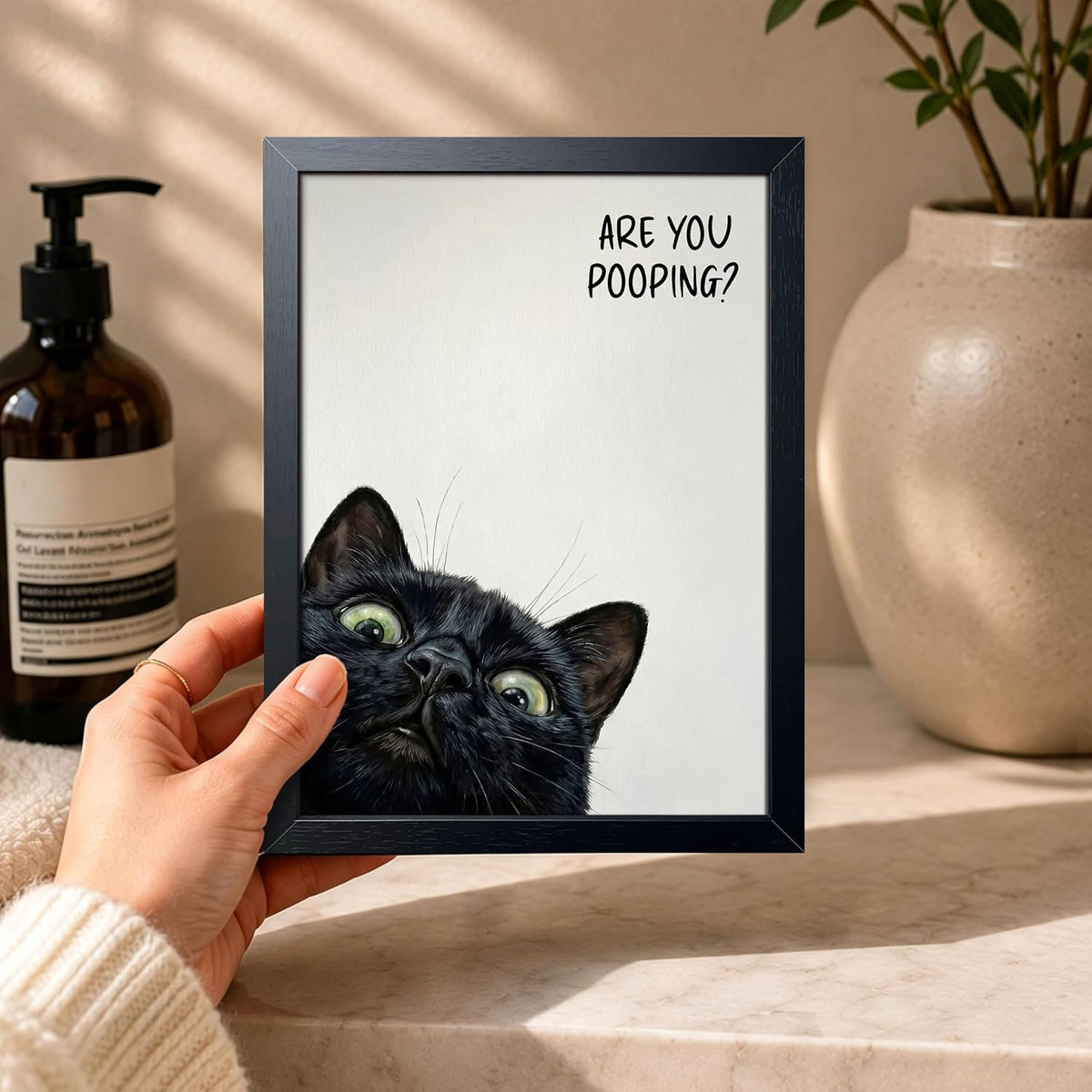 Funny Black Cat Bathroom Wall Art, Rustic Farmhouse Wall Decor Painting, Humorous Are You Pooping Canvas Print, Cute Animal Canvas Art, Black Framed Cat Pictures for Restroom Wall Decor 8X10 Inch