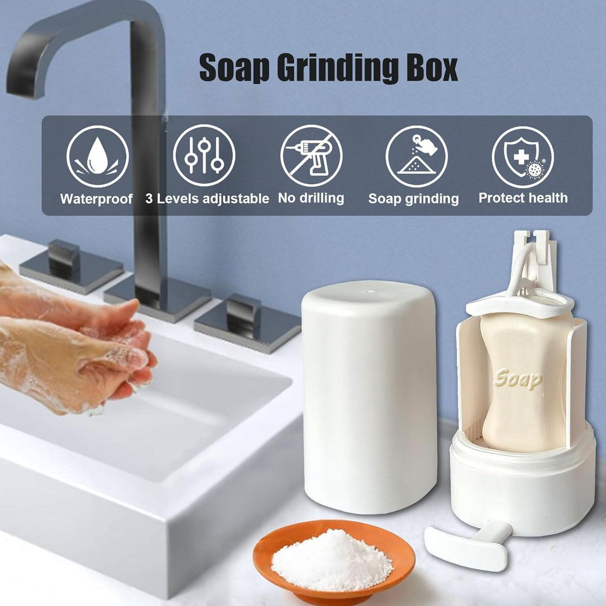 Soap Grinder for Bar Soap Wall-Mounted, No Drilling Waterproof Soap Container Cheese Grinder for Travel Kitchen Bathroom (One, White, NO SOAP, NO Desiccant)