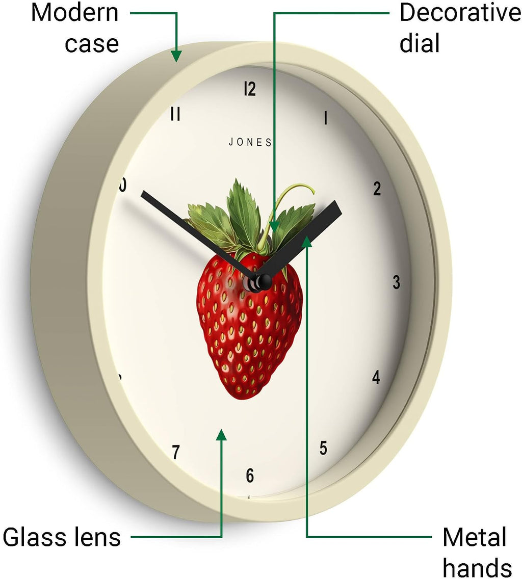® Fruit Wall Clock | Small round Clock | 8" | Cream | Botanical Illustrated Strawberry Artwork | Ideal for Kitchen and Dining Rooms.