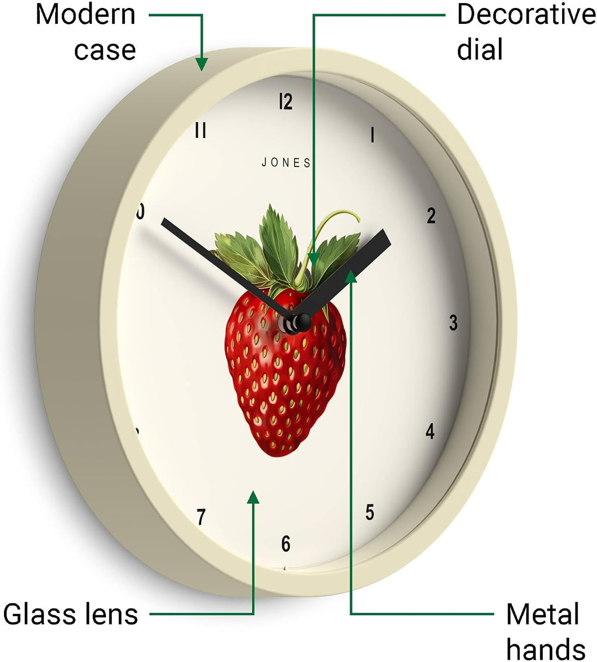 ® Fruit Wall Clock | Small round Clock | 8" | Cream | Botanical Illustrated Strawberry Artwork | Ideal for Kitchen and Dining Rooms.