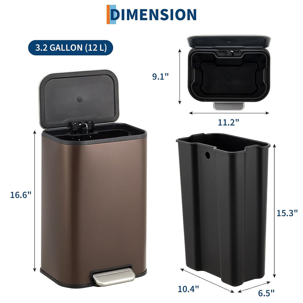 3.2 Gal Trash Can for Bathroom, Garbage Can with Soft-Close Lid