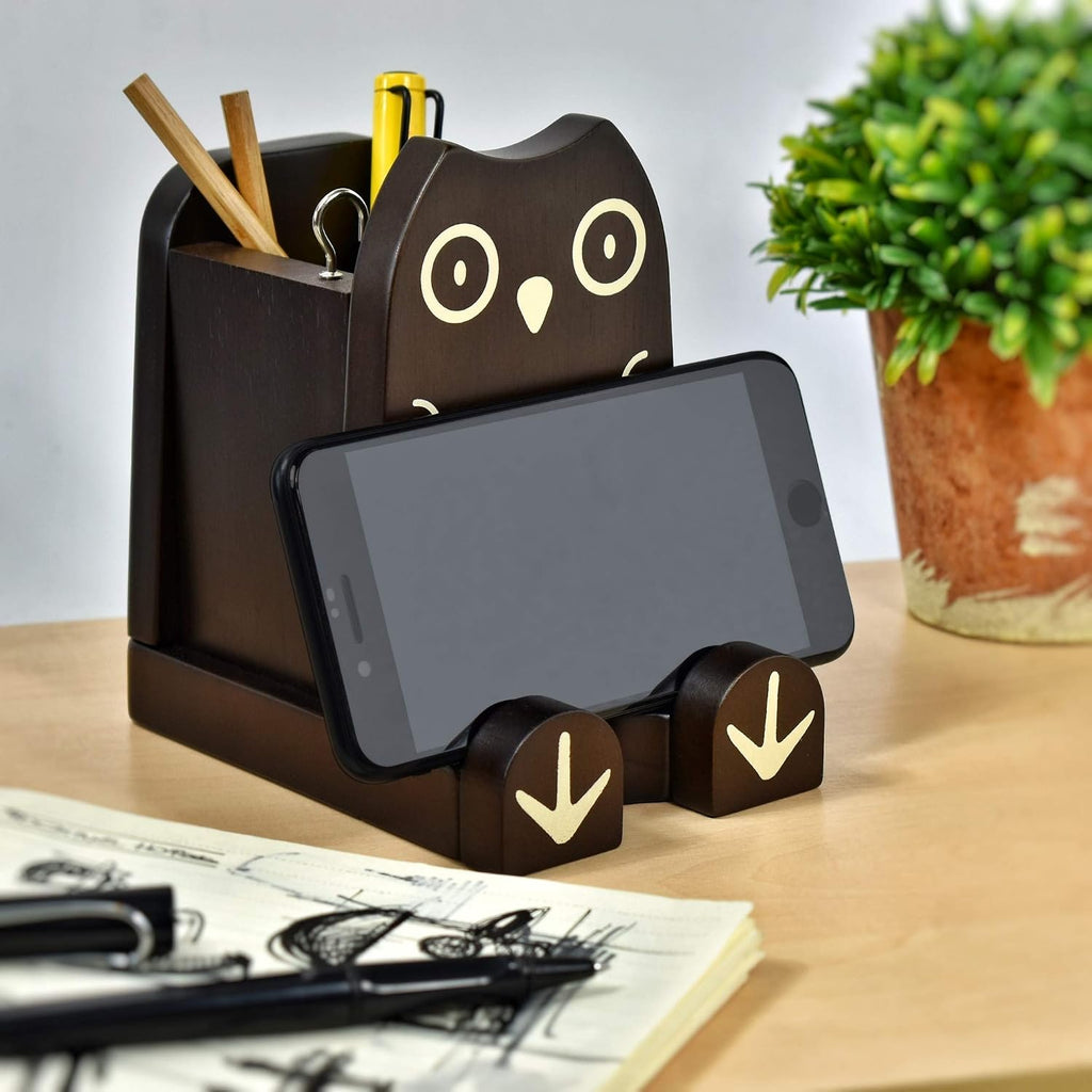 Wood Multipurpose Eyeglass Phone Pen & Pencil Holder Stand Stationery Desk Box Organizer Accessories, Home Office Desktop Decor Birthday Graduation Gifts “Dream Big Aim High” (Owl)