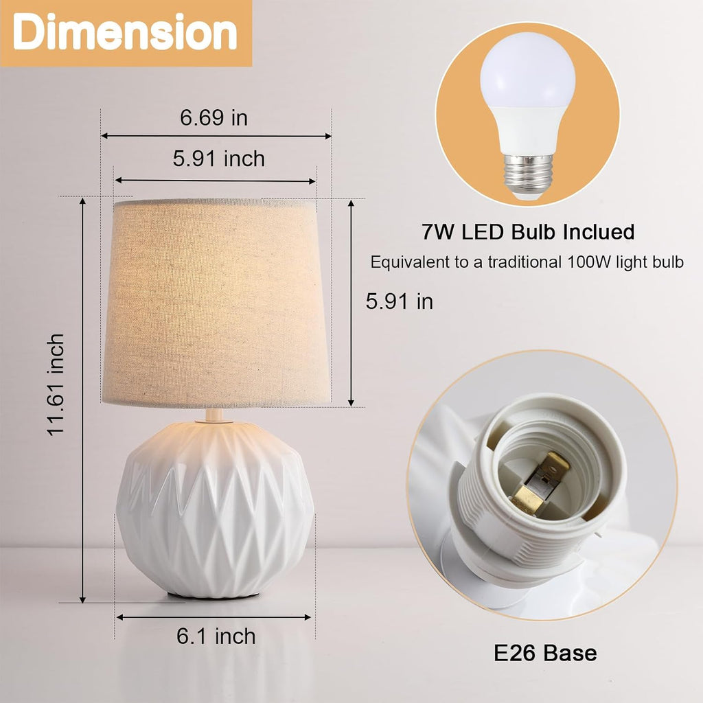 Ceramic Bedroom Table Lamps Set of 2, Small Bedside Lamp, White Lamp with Linen Shade, Mid Century Modern Nightstand Lamp for Bedroom Living Room Office, 7W LED Bulb Included