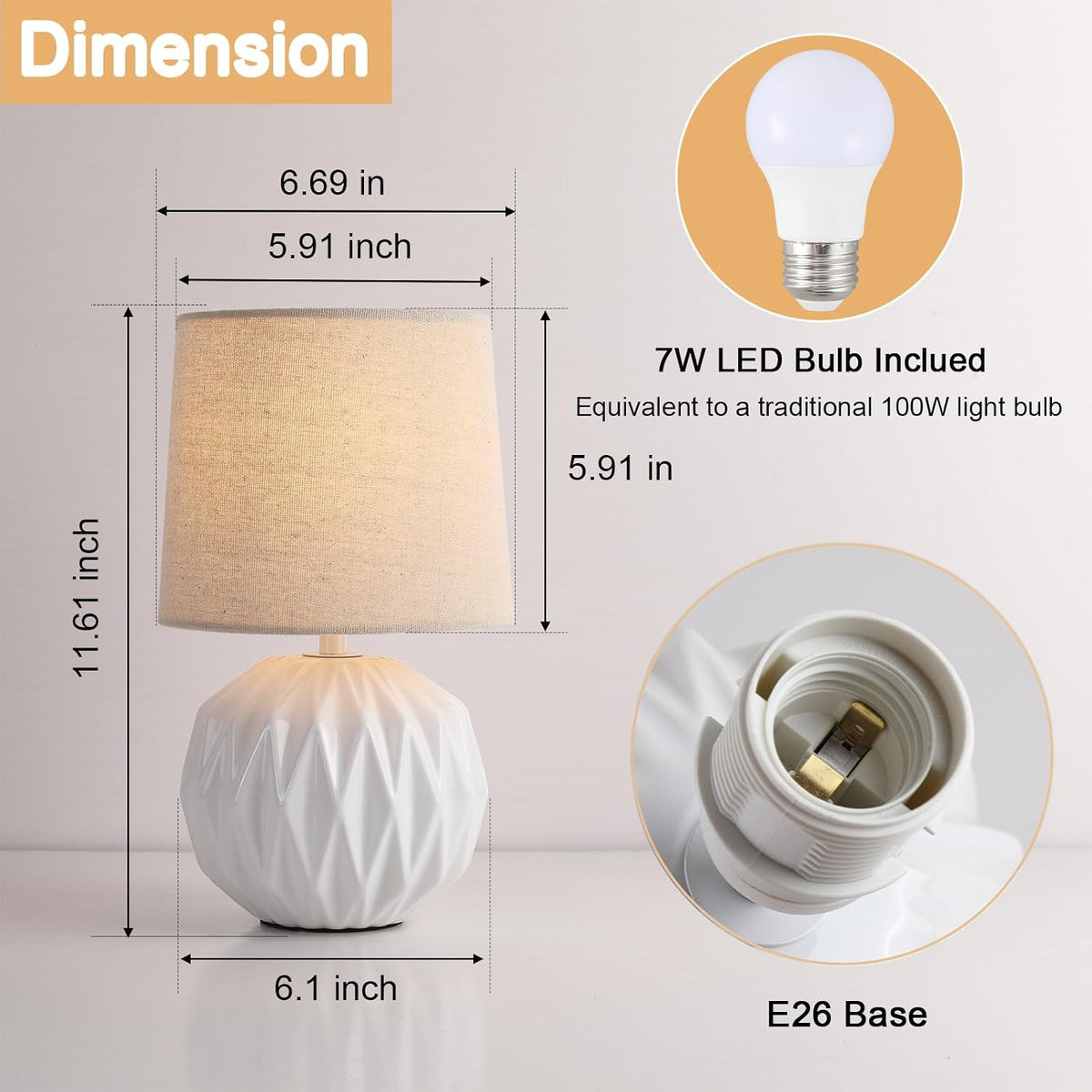 Ceramic Bedroom Table Lamps Set of 2, Small Bedside Lamp, White Lamp with Linen Shade, Mid Century Modern Nightstand Lamp for Bedroom Living Room Office, 7W LED Bulb Included
