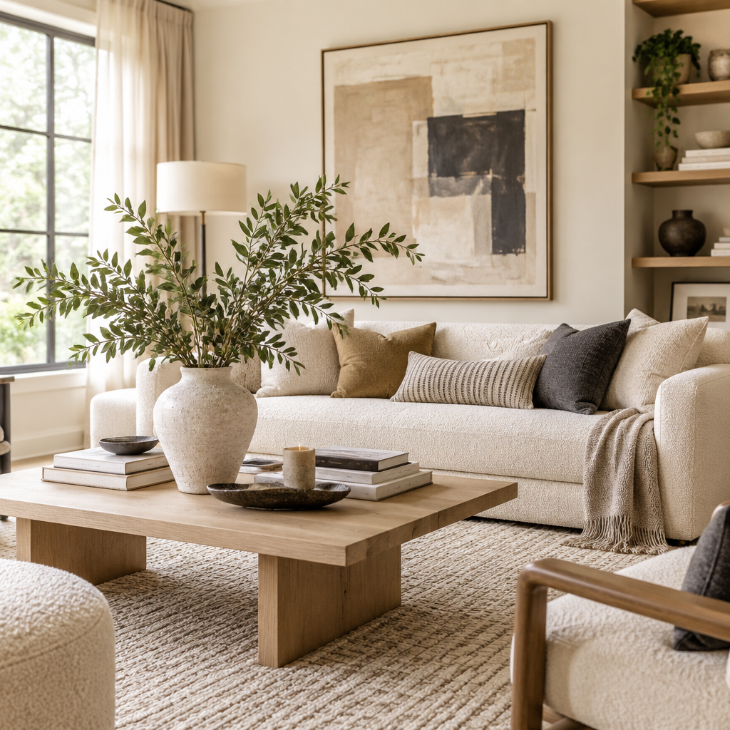 Warm minimalist living room with natural textures